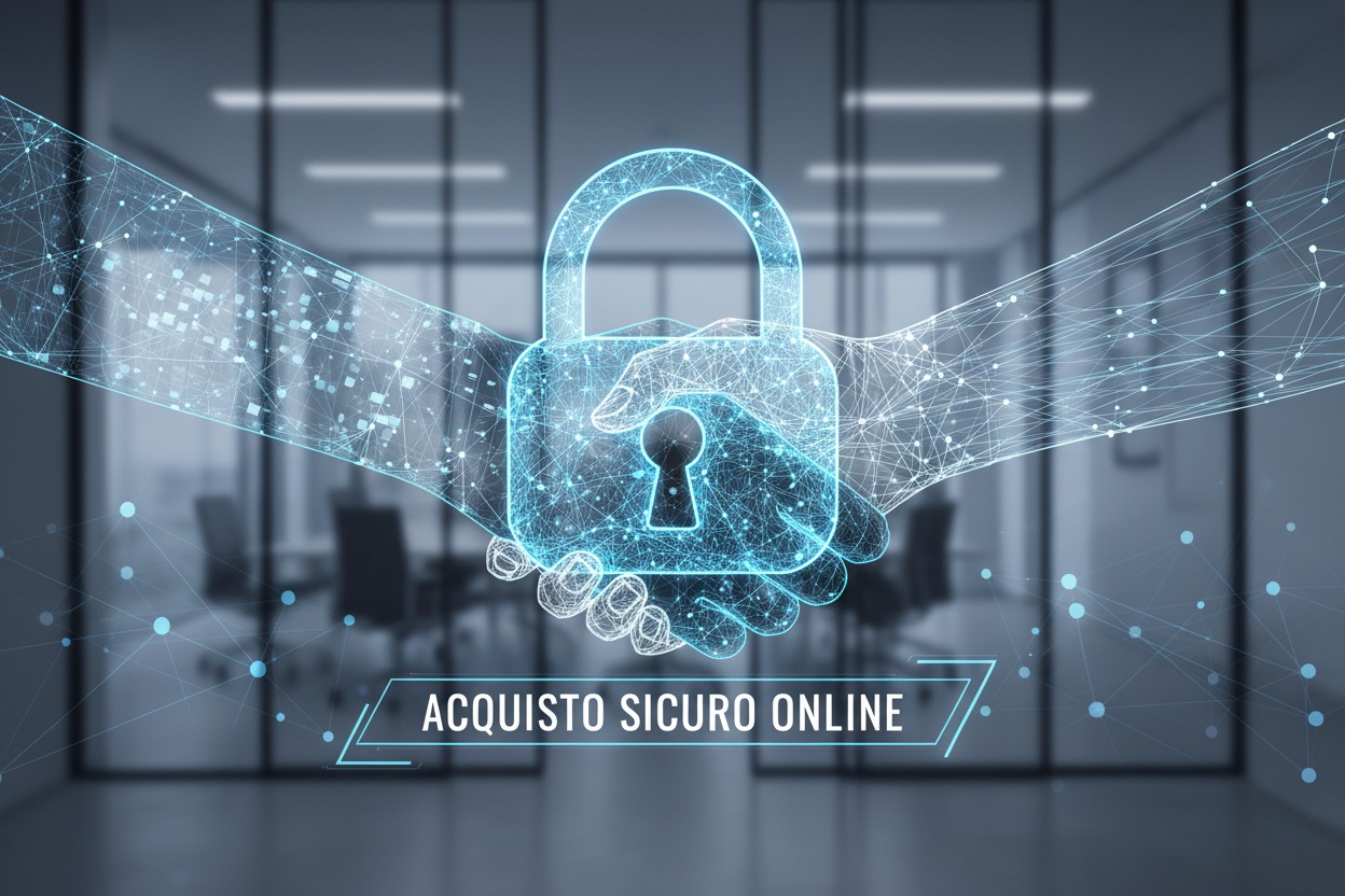Un lucchetto digitale e una stretta di mano formata da linee luminose si sovrappongono a uno sfondo d'ufficio, con la scritta ACQUISTO SICURO ONLINE in basso.