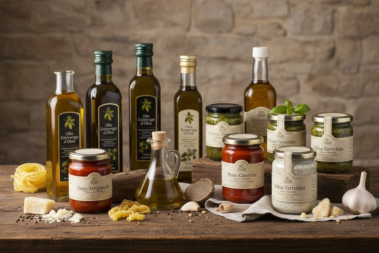 Bottiglie di olio d'oliva e barattoli di sughi e salse disposti su un tavolo di legno davanti a una parete in pietra.